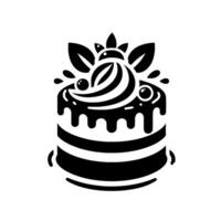 Minimalist Black and White Cake Illustration Featuring Layered Design, Dripping Glaze, Cream Topping, Berries, and Leaves. vector