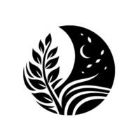 Elegant black and white illustration of a crescent moon night scene with a stylized plant, reeds, and leaves, set within a circular design. vector