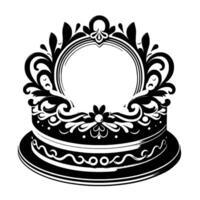 Ornate Black and White Decorative Cake Frame with Floral and Scrollwork Elements, Empty Center. vector