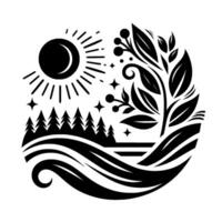 Stylized black and white nature scene in a circle, featuring sun with rays, pine trees, flowing lines, leaves, berries, and stars, symbolizing harmony. vector