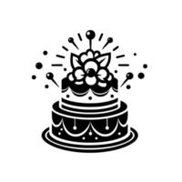 A twotiered black and white illustration of a celebratory cake adorned with floral and decorative elements, with a minimalist and stylized aesthetic. vector