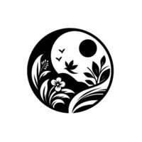 Yin Yang symbol with a minimalist black and white illustration of nature, featuring a flower, leaves, birds, and a sun. vector