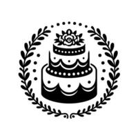 Elegant Black and White Illustration A Tiered Cake Adorned with a Floral Motif and Surrounded by a Laurel Wreath on White Background vector