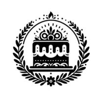 Intricate black and white illustration stylized cake within a laurel wreath, with ornamental detailing, and a celebratory mood. vector