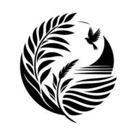 Elegant black and white circular featuring a bird in flight, stylized landscape, and botanical elements. vector