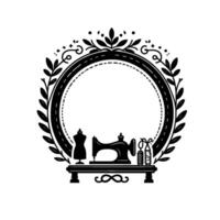 Elegant Black and White Sewing Emblem Featuring a Mannequin, Sewing Machine, Thread, and Scissors within a Laurel Wreath Frame. vector