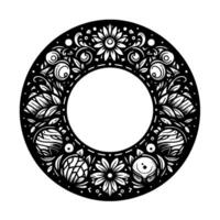 Intricate, blackandwhite floral and botanical circular design, with stylized flowers, fruits, and leaves in a symmetrical arrangement, surrounding a central white void. vector