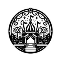 Circular Black and White Illustration of a Fairytale Castle with Gardens, Moon, Stars, and Decorative Elements. vector