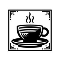 Monochromatic Coffee Cup with Steam on Saucer within Square Frame, Decorative Corner Elements, Bold, Minimalist Design. vector