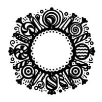 Intricate Black and White Candy Wreath with Scalloped Center and Assorted Sweets, Perfect for Invitations or Designs. vector