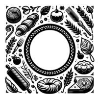 Black and white bakery illustration with bread, pastries, and foliage framing a central circular blank space, perfect for text. vector