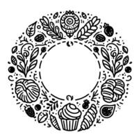 Intricate black and white circular of sweets, fruits, and leaves surrounding a blank central space, perfect for invitation. vector