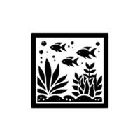 Stylized aquarium scene in a square frame, featuring three black fish, plants, bubbles, and a white background. vector