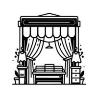 Monochromatic illustration of a boutique with curtains, display table, and clothing racks, hinting at a minimalist style. vector