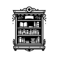 Elegant Black and White Illustrated Bookshelf with Ornate Details, Open Book, and Decorative Elements. vector