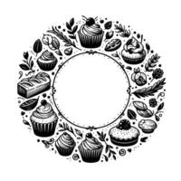 Black and White Circular Bakery Illustration Cupcakes, Bread, and Pastries with Floral Elements, Enclosing an Empty Circle vector