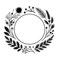 Elegant monochrome botanical wreath with intricate floral and leaf elements, encircling a blank circle. vector