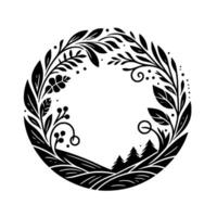 Intricate Black and White Circular Floral Wreath with Mountain Scene and Detailed Botanical Elements for Decorative Design. vector