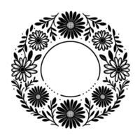 Elegant Black and White Floral Wreath Featuring Daisies and Foliage, Centered with an Empty Circle for Text or Placement. vector