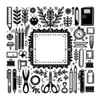 A symmetrical black and white illustrative composition featuring stationery and botanical elements, framing a central square for design. vector