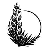 Monochromatic botanical linocut featuring stylized plant with leaves, budding flowers, surrounded by a black circle on a white background. vector