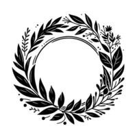 Elegant Black and White Circular Floral Wreath, Leafy Border with Blank Center for Text, Artistic and Decorative. vector