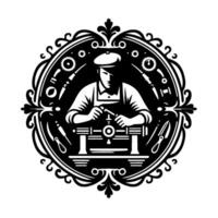 Intricate Black White Illustration Craftsman at Lathe, Tools Ornate Border Emblazoned in an Emblem vector
