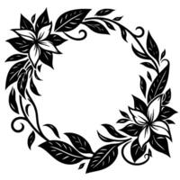 Black and White Floral Wreath Elegant, symmetrical with stylized flowers, leaves, and vines forming a circular frame, perfect for borders and embellishments. vector