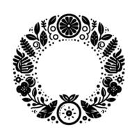 Circular Black and White Illustration Floral and Citrus Wreath with Geometric Elements, Botanical Frame. vector