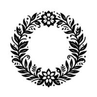 Black and white circular floral wreath featuring intricate leaves, flowers, and decorative elements, perfect for creating a frame. vector
