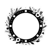 Elegant Black and White Floral Wreath with Circular Frame Border, Delicate Foliage, and Minimalist on White Background. vector