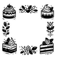Black and white illustrated frame featuring various cakes, pastries, and botanical elements, arranged with empty space in the center. vector