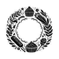 Black and White Wreath with Sweets and Foliage Frame, Circular on White Background. vector