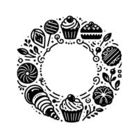 Black and white decorative wreath of various sweets, leaves, and berries, ideal for a bakery or dessertthemed design. vector