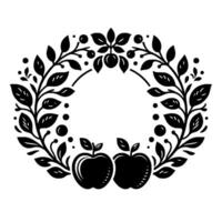 Black and white symmetrical botanical illustration an apple and berry wreath with stylized leaves, fruits, and ample negative space for use as a decorative element. vector