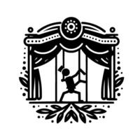 A stylized black and white illustration depicts a puppet show, the silhouette puppets strings suspended within a theater frame with decorative elements. vector