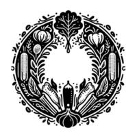 Intricate black and white vegetable wreath design, featuring corn, pumpkins, onion, leaves, and other produce in a symmetrical, artistic arrangement. vector
