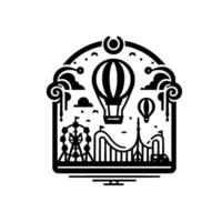 Monochromatic Fairground Scene Balloons Float Above Rollercoasters, Ferris Wheel, and Clouds, All Contained Within an Arch. vector