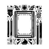 Intricate Black and White Illustrated Border Featuring a Central Empty Frame, Pencils, Geometric Shapes, and Floral Elements. vector