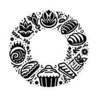 A circular, minimalist blackandwhite illustration features various baked goods and floral elements arranged around a central, empty space, embodying a bakery theme. vector