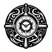 Intricate Black White Clock in a Round Frame, Features Nautical Elements and Ornamental Flourishes. vector
