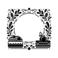 Black and white minimalist cake frame with circular center for text or image, floral borders and dessert illustrations. vector