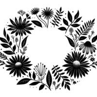 Intricate Black and White Floral Wreath Showcasing Daisies, Leaves, and Delicate Botanical Elements Arranged in a Circular, Minimalist Composition. vector