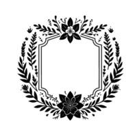 Elegant Black and White Floral Wreath with a Decorative Frame and Botanical Border, Perfect for Invitations and Announcements. vector