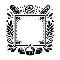 Monochromatic, stylized illustration of a blank square border with decorative food elements, leaves, and flourishes, perfect for a recipe or menu. vector