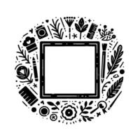 Artistic and botanicalthemed frame featuring illustration tools and floral elements in a minimalist black and white circular composition. vector