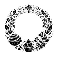 Elegant black and white wreath with cupcakes, leaves, swirls, and dots, perfect for invitations or decorative borders, clean background. vector