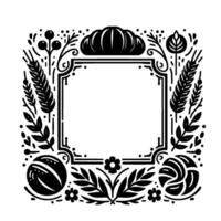 Black and White Flourish Frame with Bread, Wheat, Berries, and Floral Elements Surrounding a Central Square. vector