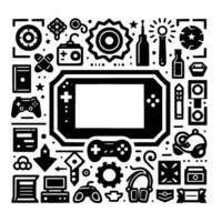 Black and white minimalist digital illustration of a handheld console surrounded by gaming accessories and icons, arranged in a geometric pattern. vector