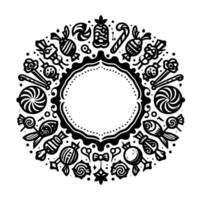 Intricate black and white circular candy border, featuring various sweets and a central blank space, perfect for design. vector